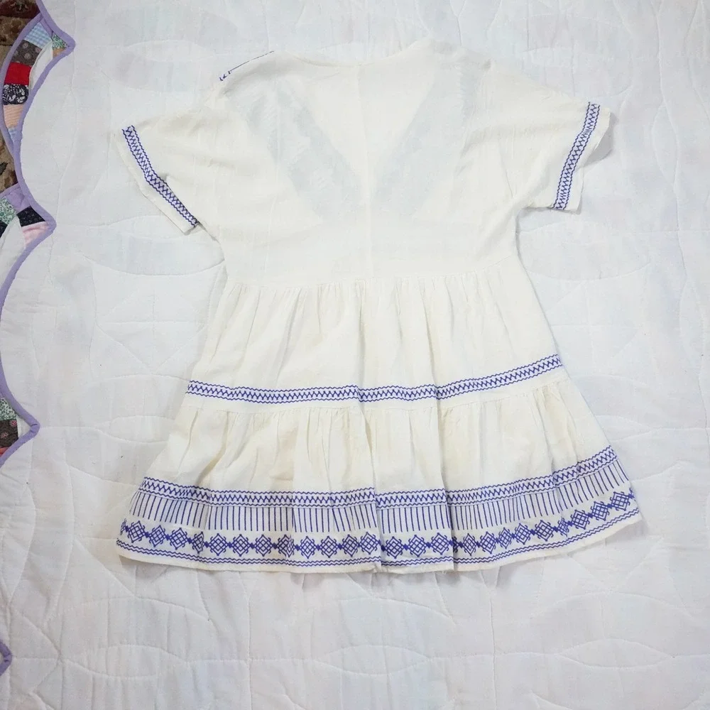 En Creme White Blue Embroidered V Neck Tiered Mini Dress S Resort‎ Beach Greek